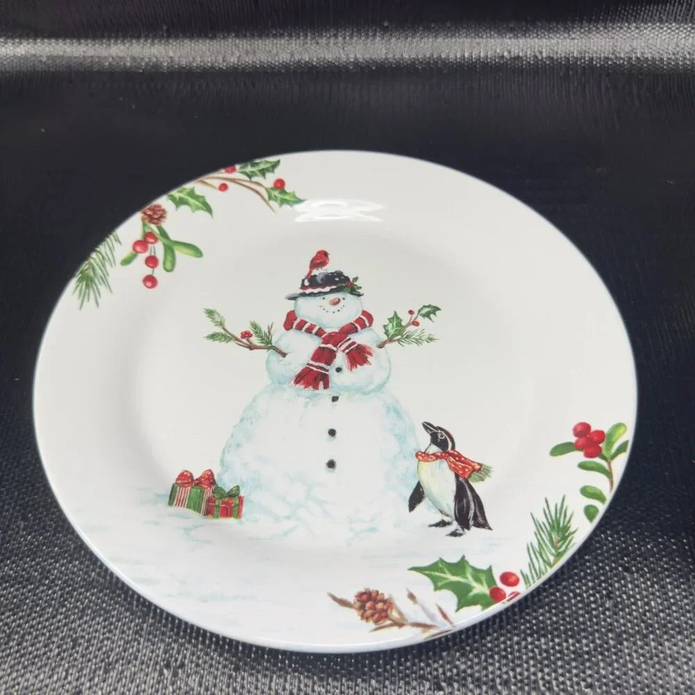 PIER 1 Winter Wonders Ironstone Plate Dish Set 4 Snowman Penguin Christmas 9inch